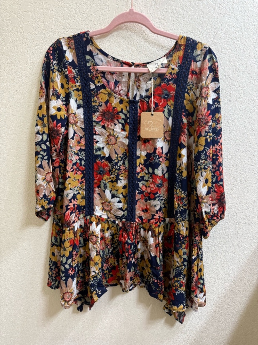 2 Love Navy Multicolor Floral Crochet-Trim Blouse
